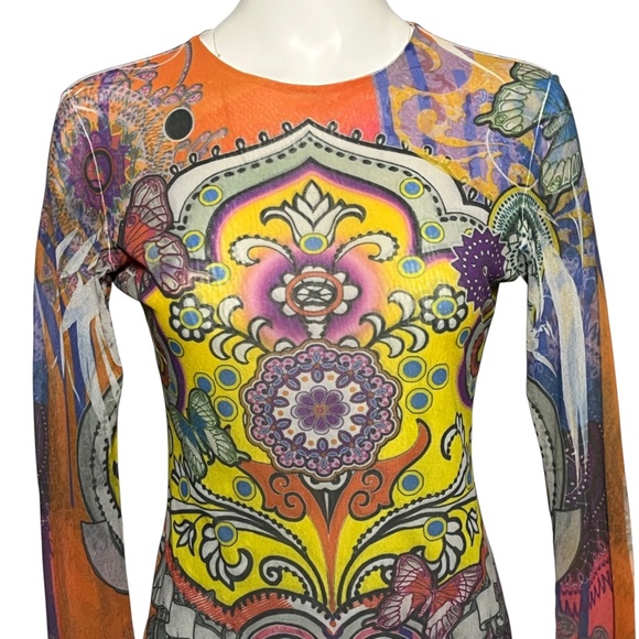 Viviana G Tee's Vibrant Psychedelic Print Mesh Top Stretchy Long Sleeve sz Large - Picture 3 of 10